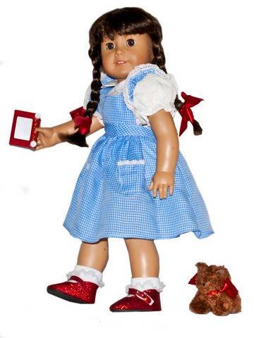 Dorothy Costume Wizard of Oz W/ RED RUBY SLIPPERS & Lace Socks + TOY - Fits 18 American Girl Doll Clothes