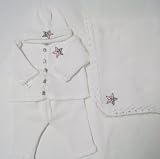 Knitted on Hand Knitting Machine White Cotton Hand Crochet Finished with White Chenille Infant Boys Cardigan Pant Hat and Large Blanket Size 32 By 45 Inches with Star American Flag