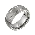9mm D Shape Tungsten Brushed Metal Ring Band Highlighted By 2 Paralel Polished Grooved Channels