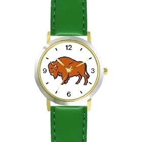 Buffalo or Bison Animal - WATCHBUDDY® DELUXE TWO-TONE THEME WATCH - Arabic Numbers - Green Leather Strap-Size-Large ( Men's Size or Jumbo Women's Size )