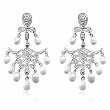 Celebrity Sterling Silver Genuine Freshwater Cultured White Pearl Simulated Diamond CZ Chandelier Earrings