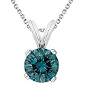 14K White or Yellow Gold Round Blue Diamond Solitaire Pendant w/18 Inch Chain