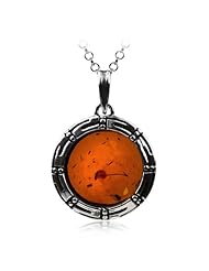 Sterling Silver Honey Amber Round Pendant Necklace , 18"