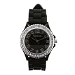 Geneva Black and Silver Silicone Gel Ceramic Style Band Crystal Bezel Watch