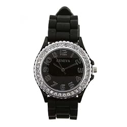 Geneva Black and Silver Silicone Gel Ceramic Style Band Crystal Bezel Watch