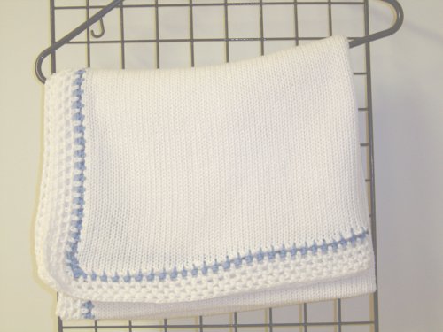 Bk673, Knitted on Hand Knitting Machine Bleached White Blanket Trimmed By Hand Crochet with Two Tone Denim and White Chenille.