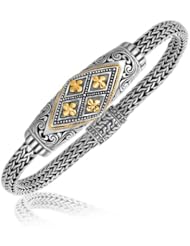 18K Yellow Gold and Sterling Silver Barrel Style Stationed Floral Wheat Chain Bracelet