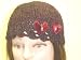 Cp123br, Hand Crocheted Dark Brown Color Chenille and Gimp Tweed Skull Cap for Women, Teens and Petites. The Skul Cap Is Trimmed with Two Red Rhinestone Studded Butterfly.