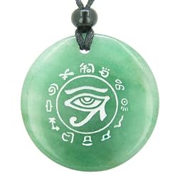 All Seeing and Feeling Eye of Horus Egyptian Amulet Green Aventurine Magic Gemstone Circle Good Luck Powers Pendant Necklace