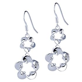 925 Sterling Silver Dangling Double Blossom Dangle Earrings