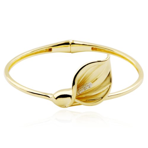 18k Yellow Gold Overlay Sterling Silver Genuine Diamond Accent Calla Lily Flower Bangle Bracelet
