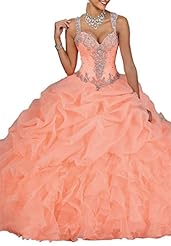  Organza Floor Length Sequined Pleated Crystals Crystal Sheer  Beaded Sleeveless  Ball Gown Quinceanera Dress  With Ruffles