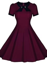 Short Sleeves Scoop Neck Spring Vintage Ruched Flared-Skirt Cotton/Spandex Cocktail Knee Length Party Dress 