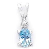 Sterling Silver Rhodium Plated Cubic Zirconia Pendant with Oval Shaped Blue-Topaz Colored Semi-Precious Stone.