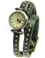 Women Lady Retro Vintage Weave Rivet Leather Band Quartz Bracelet Wrist Watch Green