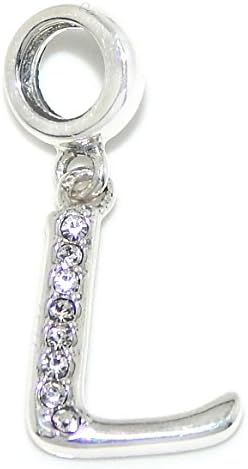925 Sterling Silver Dangling "Letter w/ White CZ" Charm Bead (L)