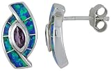Sterling Silver, Synthetic Opal Earrings with Marquis Shape Amethyst CZ, 9/16 (15 mm) long