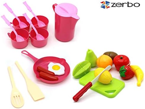 ZERBO 3-in-1 Breakfast and Tea 25 Piece Mini Serving Set with Chop &amp; Cut Fruit Play Food set