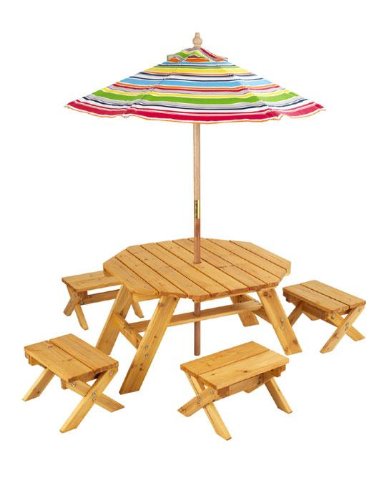 Childrens Toyshop  Toys : Octagon Table with 4 Stools and New Striped Umbrella, by KidKraft