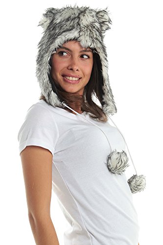 Faux FUR ANIMAL HATS HOODS B&W GRAY WOLF ski WITH POMS UNISEX GLOVES WARM WINTER