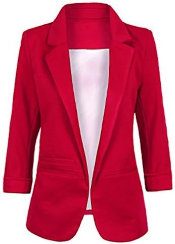Jenni Cho Women's Casual 3/4 Sleeve Open Front Candy Color Boyfriend Blazer Red Medium