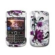 Premium White with Purple Flowers Design Snap-On Cover Hard Case Cell Phone Protector for Blackberry Bold 9650 [Accessory Export Brand Packaging]