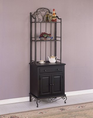 Powell 419-424 French Scroll Antique Black with Terra Cotta Sand-Through Bakers Rack with Cabinet ships in 2 overpacked cartons