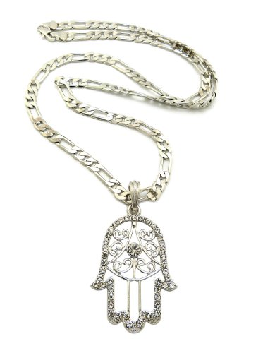 Silver Tone Hamsa Hand of Fatima Pendant 5mm 24" Figaro Chain Necklace MSP385R