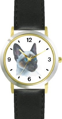 Siamese Cat - JP - WATCHBUDDY® DELUXE TWO-TONE THEME WATCH - Arabic Numbers - Black Leather Strap-Size-Large ( Men