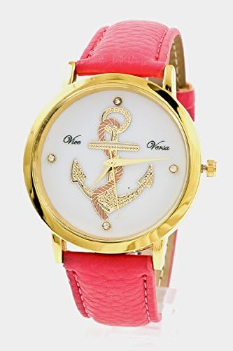 GlitZ Finery Round Face Anchor Detail Leather Band Watch (Fuchsia)