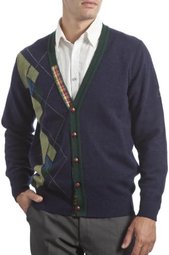 Glenmuir Scotland Men's 100% Lambswool Argyle Half Front V Neck Cardigan. Made in Scotland-Oxford Blue-XX-Large