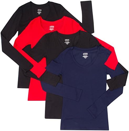 4 Pack Active Basic Women's Basic V-Neck Tee Small Black, Black, Navy, Red