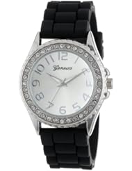 Geneva Womens 2364_Silv/black-GEN  Cubic Zirconia Accented Silicone Link Watch