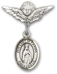 Sterling Silver Baby Badge with Our Lady of Fatima Charm and Angel with Wings Badge Pin