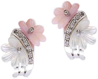 Pink White Mother-Of-Pearl Flower C.Z. Clip With Post Earrings