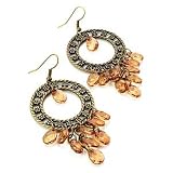 Bronze Filigree Citrine Bead Chandelier Hoop Earrings - 7.5cm Drop