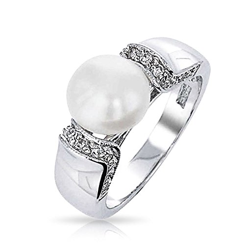 Bling Jewelry Art Deco Style Simulated Pearl Pave CZ Ring Rhodium Plated