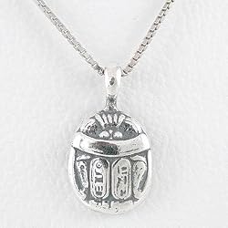 Double Sided Scarab Beetle Pendant with Hieroglyphics in Sterling Silver on 16" Sterling Silver & Rhodium Box Chain, #8697