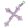 Sterling Silver Pendant - Pink Tapered Baguette Cubic Zirconia - Cross - Byzantine Style - 31mm Height