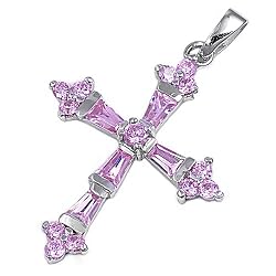 Sterling Silver Pendant - Pink Tapered Baguette Cubic Zirconia - Cross - Byzantine Style - 31mm Height