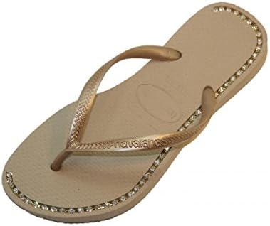 Copacabana Fashion Women's Havaianas Flip Flops w/ Swarovski Crystals 37/38 Sand/Light Gold