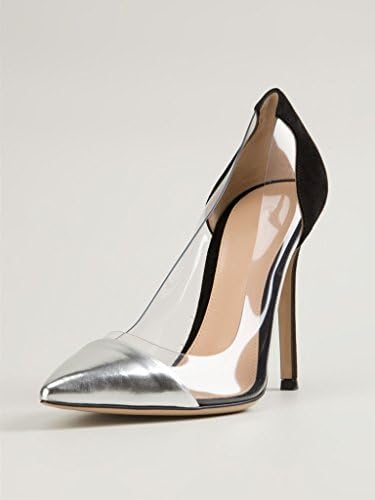 Amourplato Women's High Heel Cap Toe Pumps Transparent PVC Shoes Black/Silver 8 M US