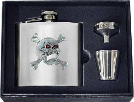 6oz "Skull Crossbones" Heavy Gauge Premium Satin Flask &amp; Funnel/Cups Gift Set