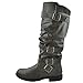 Generation Y Women's Knee High Boots Strappy Ruched Faux Leather Adjustable Buckles Knitted Calf