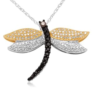 10k White Gold Champagne, Black and White Diamond Dragonfly Pendant