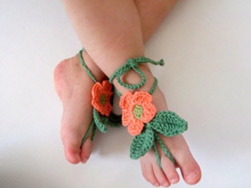 Baby Barefoot Sandal, Crocheted Baby Sandles, Baby Shoes, Baby Anklet, Crochet Flower Baby Barefoot Sandal (2-3yrs, Orange)