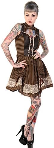 Victorian Gothic Steampunk Sleeveless Brown and Black Stripes Mini Dress (M)