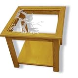 Glass Top End Table - Solid Oak, Fully Assembled - Cardinal Bird Art Etching