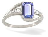 14K White Gold Genuine Emerald-cut Tanzanite and Diamond Ring