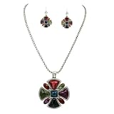 Silver Chain Multi Color Stone Pendant Necklace Earrings Set Fashion Jewelry